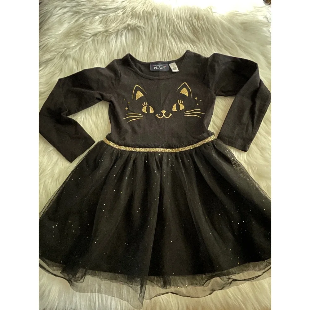 The Children's Place Long Sleeve Toddler Girls Glitter Cat Tutu Dress Black 3T